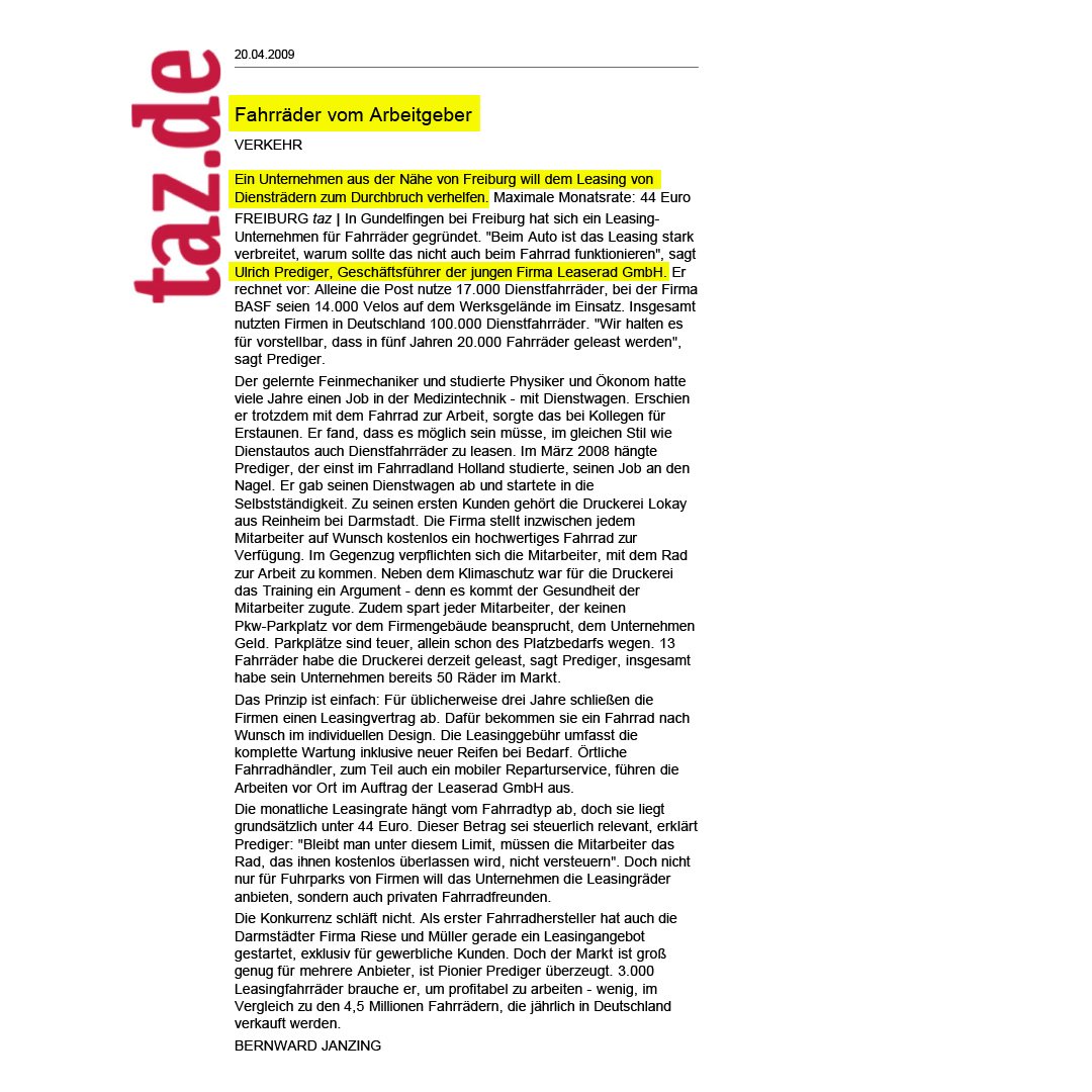 Pressearbeit für JobRad GmbH in der Gründungsphase 2008 – 2012 (LeaseRad)