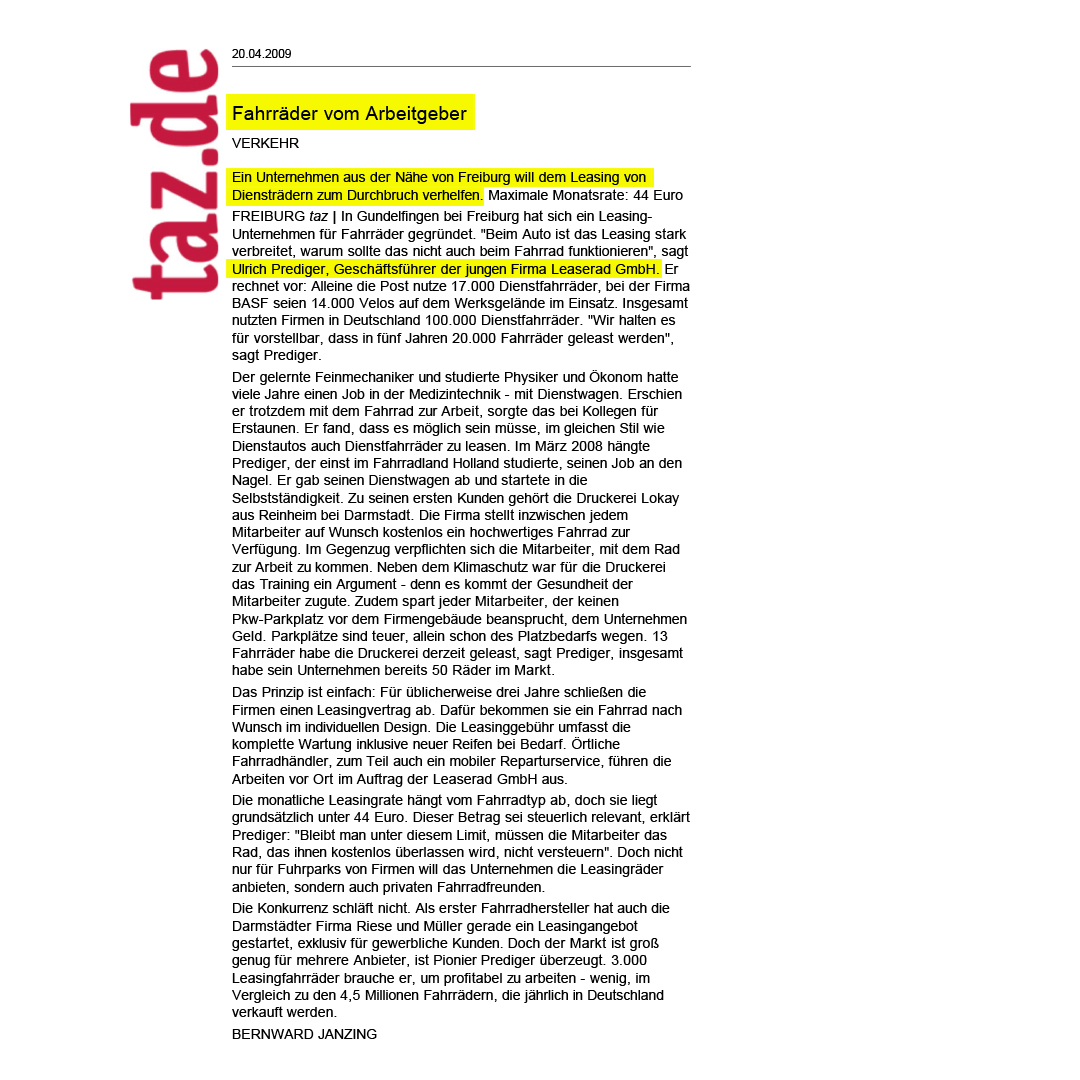 Pressearbeit für JobRad GmbH in der Gründungsphase 2008 – 2012 (LeaseRad)