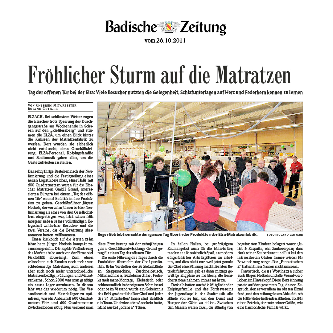 Pressearbeit Ökobranche/nachhaltiges Unternehmen: Tag der offenen Tür, Elzacher Matratzenfabrik ELZA GmbH & Co KG