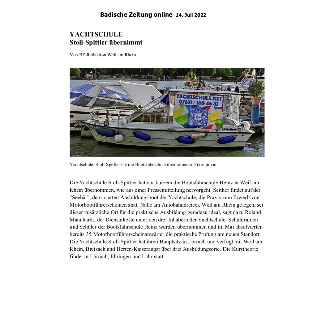 Pressearbeit für Yachtschule Stoll-Spittler oHG Badische Zeitung Weil am Rhein