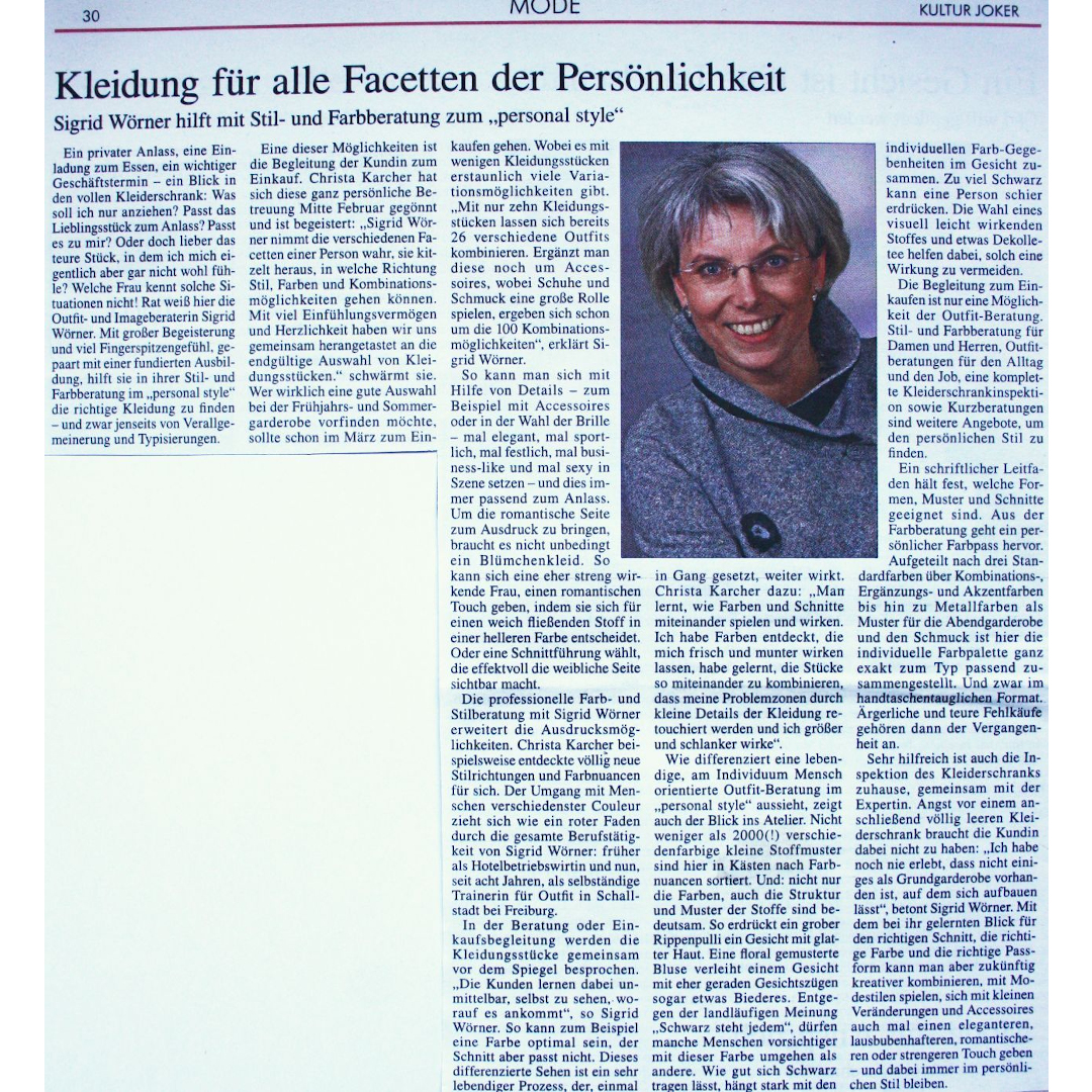 Pressearbeit für Soloselbständige. <br>Veröffentlichung mit ganzseitigem Unternehmerinnenportrait im Kulturjoker (Freiburg